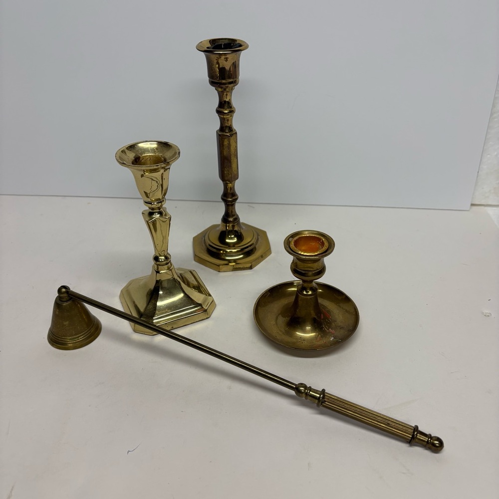 Vintage Brass Candle Holders and Snuffer Set of 4. Holiday Home Decor